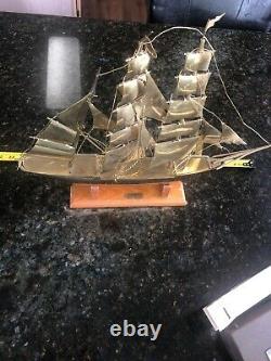 SOLID BRASS VINTAGE SAIL BOAT Ship MODEL Nautical The USA Eagle W Wood Stand