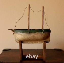 Scratch Built Wooden Toy Boat. Antique Handmade Folk Art Metal and Wood Model