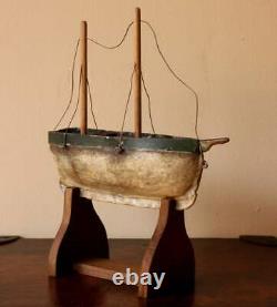 Scratch Built Wooden Toy Boat. Antique Handmade Folk Art Metal and Wood Model