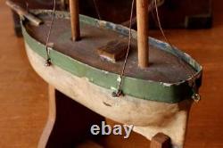 Scratch Built Wooden Toy Boat. Antique Handmade Folk Art Metal and Wood Model