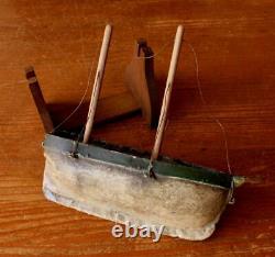 Scratch Built Wooden Toy Boat. Antique Handmade Folk Art Metal and Wood Model