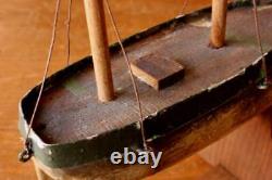 Scratch Built Wooden Toy Boat. Antique Handmade Folk Art Metal and Wood Model