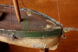 Scratch Built Wooden Toy Boat. Antique Handmade Folk Art Metal and Wood Model