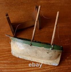 Scratch Built Wooden Toy Boat. Antique Handmade Folk Art Metal and Wood Model