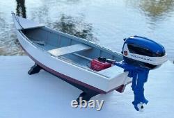 Skiff Model with Miniature Blue Evinrude Outboard and Matching Gas Tank