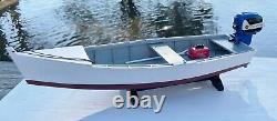 Skiff Model with Miniature Blue Evinrude Outboard and Matching Gas Tank
