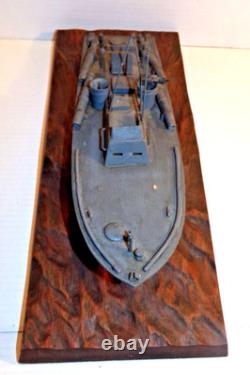 Vintage 1940's PT Torpedo Boat on Wave WWII Wooden Wood Folk Art Model Ship WW2