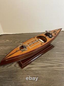 Vintage 1950's Mahogany Wood Speed Boat Toy Model On Stand 16 Nautical Decor