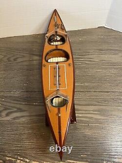 Vintage 1950's Mahogany Wood Speed Boat Toy Model On Stand 16 Nautical Decor