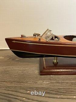 Vintage 1950's Mahogany Wood Speed Boat Toy Model On Stand 16 Nautical Decor