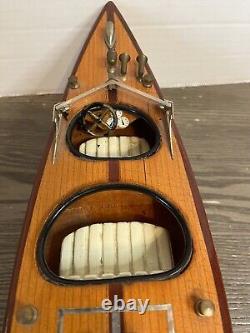 Vintage 1950's Mahogany Wood Speed Boat Toy Model On Stand 16 Nautical Decor