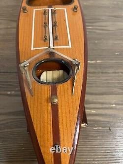 Vintage 1950's Mahogany Wood Speed Boat Toy Model On Stand 16 Nautical Decor