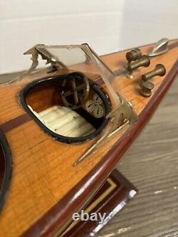 Vintage 1950's Mahogany Wood Speed Boat Toy Model On Stand 16 Nautical Decor