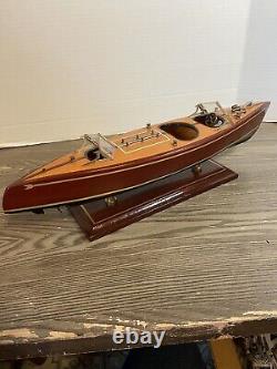 Vintage 1950's Mahogany Wood Speed Boat Toy Model On Stand 16 Nautical Decor