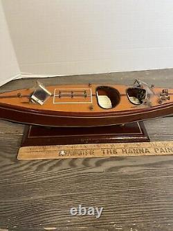 Vintage 1950's Mahogany Wood Speed Boat Toy Model On Stand 16 Nautical Decor