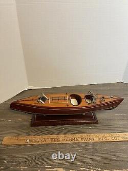 Vintage 1950's Mahogany Wood Speed Boat Toy Model On Stand 16 Nautical Decor