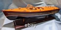 Vintage Chris Craft Style Wood Model Speed Boat, Double Cockpit & Stand