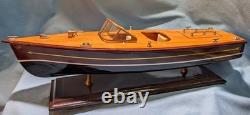 Vintage Chris Craft Style Wood Model Speed Boat, Double Cockpit & Stand