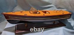 Vintage Chris Craft Style Wood Model Speed Boat, Double Cockpit & Stand