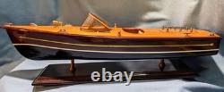 Vintage Chris Craft Style Wood Model Speed Boat, Double Cockpit & Stand