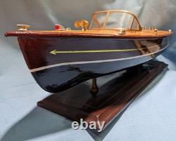 Vintage Chris Craft Style Wood Model Speed Boat, Double Cockpit & Stand