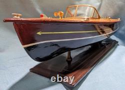 Vintage Chris Craft Style Wood Model Speed Boat, Double Cockpit & Stand