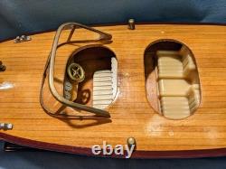 Vintage Chris Craft Style Wood Model Speed Boat, Double Cockpit & Stand