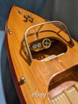 Vintage Chris Craft Style Wood Model Speed Boat, Double Cockpit & Stand