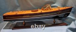 Vintage Chris Craft Style Wood Model Speed Boat, Double Cockpit & Stand