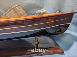Vintage Chris Craft Style Wood Model Speed Boat, Double Cockpit & Stand