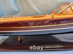 Vintage Chris Craft Style Wood Model Speed Boat, Double Cockpit & Stand