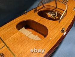 Vintage Chris Craft Style Wood Model Speed Boat, Double Cockpit & Stand