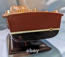 Vintage Chris Craft Style Wood Model Speed Boat, Double Cockpit & Stand