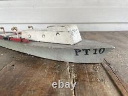Vintage FOLK ART Toy WOOD BOAT Handmade Model Warship PT10 Torpedo Boat Navy