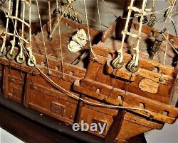 Vintage Hand Made Wooden Model Ship Boat Antique Elizabethan Wood Galleon