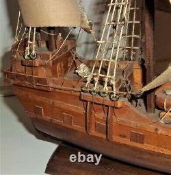 Vintage Hand Made Wooden Model Ship Boat Antique Elizabethan Wood Galleon
