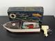 Vintage Lang Craft Brown & White Wood Toy Motor Boat With Never Ran Engine & Box