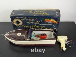 Vintage Lang Craft Brown & White Wood Toy Motor Boat with NEVER RAN Engine & Box