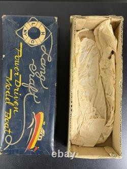 Vintage Lang Craft Brown & White Wood Toy Motor Boat with NEVER RAN Engine & Box