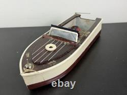 Vintage Lang Craft Brown & White Wood Toy Motor Boat with NEVER RAN Engine & Box