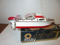 Vintage Lang Craft Model Wood Boat with Flying Scott outboard In original box