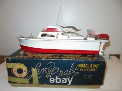 Vintage Lang Craft Model Wood Boat with Flying Scott outboard In original box