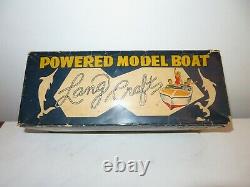 Vintage Lang Craft Model Wood Boat with Flying Scott outboard In original box