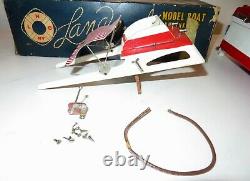 Vintage Lang Craft Model Wood Boat with Flying Scott outboard In original box