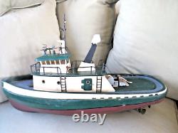 Vintage Large Wood Model 24 Tugboat With Motor Was Remote Control Now Display