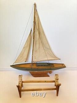 Vintage Sailboat 26 Wooden Pond Boat Yacht Nautical Model with Stand