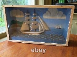 Vintage Ship Diorama Marine scene Shadow Box half Model Sail Boat Schooner