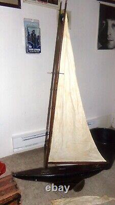 Vintage Wood Homemade 29 Pond Sailboat 45'' Mast Brass Rudder & Brass On Deck