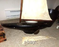 Vintage Wood Homemade 29 Pond Sailboat 45'' Mast Brass Rudder & Brass On Deck