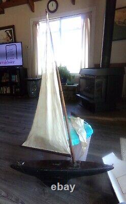 Vintage Wood Homemade 29 Pond Sailboat 45'' Mast Brass Rudder & Brass On Deck